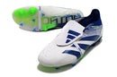 Chuteira Adidas Predator Elite Tongue FG - Branca e Azul com design sofisticado e tecnologia para desempenho.