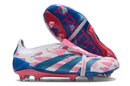 Chuteira Adidas Predator Elite Tongue FG - Branca, Azul e Rosa com design vibrante e tecnologia para desempenho em campo.