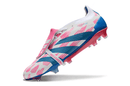 Chuteira Adidas Predator Elite Tongue FG - Branca, Azul e Rosa em destaque com design vibrante.