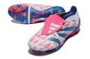 Chuteira Adidas Predator Elite Tongue FG - Branca, Azul e Rosa com design vibrante e tecnologia de ponta para desempenho em campo.