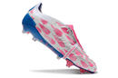 Chuteira Adidas Predator Elite Tongue FG - Branca, Azul e Rosa com design tricolor e tecnologia avançada.