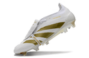 Chuteira Adidas Predator Elite Tongue FG - Branca e Dourada lateral com detalhes em dourado