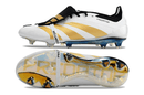 Chuteira Adidas Predator Elite Tongue FG - Branca e Dourada com design sofisticado e tecnologia avançada.