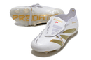 Chuteira Adidas Predator Elite Tongue FG - Branca e Dourada com detalhes dourados e design elegante.