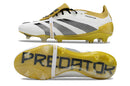 Chuteira Adidas Predator Elite Tongue FG - Branca, Dourada e Preta vista lateral e sola.