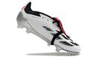 Chuteira Adidas Predator Elite Tongue FG - Branca e Preta vista lateral em fundo branco.