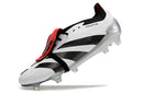 Chuteira Adidas Predator Elite Tongue FG - Branca e Preta vista lateral com design elegante e tecnologia avançada.