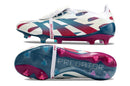 Chuteira Adidas Predator Elite Tongue FG - Branca, Rosa e Azul com design vibrante e tecnologia de ponta.