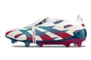 Chuteira Adidas Predator Elite Tongue FG - Branca, Rosa e Azul com design vibrante e tecnologia avançada.
