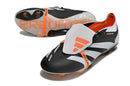 Chuteira Adidas Predator Elite Tongue FG - Cinza e Preta lado com detalhes em laranja e design sofisticado
