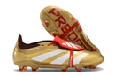 Chuteira Adidas Predator Elite Tongue FG - Dourada e Branca com design premium e sofisticado para jogadores.
