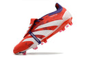 Chuteira Adidas Predator Elite Tongue FG - Laranja e Branca em destaque, com design moderno e cores vibrantes.