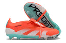 Chuteira Adidas Predator Elite Tongue FG - Laranja e Ciano, design vibrante e tecnologia de ponta para desempenho em campo.