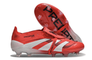 Chuteira Adidas 25 Predator Elite Tongue FG em vermelho e branco, ideal para jogadores que buscam desempenho em campo.