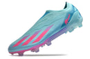 Chuteira Adidas X Crazyfast FG Elite .1 Rosa Miami com design inovador em tons de azul e rosa.