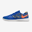 Chuteira Futsal Nike Lunar Gato IC - Azul, laranja e Dourada lateral vista com detalhes em azul e laranja.