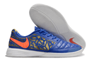 Chuteira Futsal Nike Lunar Gato IC - Azul, laranja e Dourada com design tricolor e sola branca