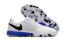 Chuteira Futsal Nike Lunar Gato IC Branca e Azul com design elegante e sola IC para ótima aderência.