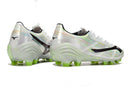 Chuteira Mizuno Alpha II FG Branca e Verde com design moderno e tecnologia avançada.