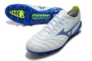 Chuteira Mizuno Morelia Neo 3 FG Azul em branco e azul com detalhes em verde e sola preta.