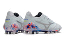 Chuteira Mizuno Morelia Neo 3 FG Azul e Cinza vista traseira, design premium e cores vibrantes.