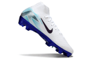 Chuteira Nike Air Zoom Mercurial Superfly 10 Edição Especial Elite FG - Branca e Azul em ângulo lateral.