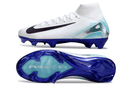 Chuteira Nike Air Zoom Mercurial Superfly 10 Edição Especial Elite FG - Branca e Azul, vista lateral e inferior.