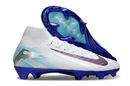 Chuteira Nike Air Zoom Mercurial Superfly 10 Edição Especial Elite FG - Branca e Azul - vista lateral com detalhes em azul.