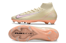 Chuteira Nike Air Zoom Mercurial Superfly 10 Edição Especial Elite FG - Branca e Salmão, vista lateral e sola.