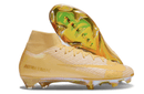 Chuteira Nike Air Zoom Mercurial Superfly 10 Elite FG Amarela com design aerodinâmico e sola dourada.