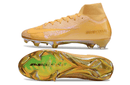 Chuteira Nike Air Zoom Mercurial Superfly 10 Elite FG Amarela em destaque, vista lateral e inferior.