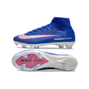 Chuteira Nike Air Zoom Mercurial Superfly 10 Elite FG Azul vista lateral e inferior com detalhes em rosa