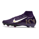 Chuteira Nike Air Zoom Mercurial Superfly 10 Elite FG Azul " Mbappé" vista lateral com detalhes em roxo.