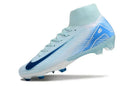 Chuteira Nike Air Zoom Mercurial Superfly 10 Elite FG em azul e branco, ideal para desempenho no futebol.