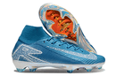 Chuteira Nike Air Zoom Mercurial Superfly 10 Elite FG em azul com detalhes prateados e sola colorida.