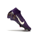 Chuteira Nike Air Zoom Mercurial Superfly 10 Elite FG Azul "Mbappé" em cor roxa com detalhes em dourado e rosa.