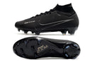 Chuteira Nike Air Zoom Mercurial Superfly 9 Elite FG vista lateral e sola em preto