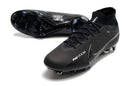 Chuteira Nike Air Zoom Mercurial Superfly 9 Elite FG com design aerodinâmico em preto e detalhes prateados.