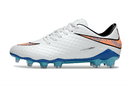 Chuteira Nike Hypervenom Elite FG - Branca e Azul lateral com detalhes em azul e laranja.