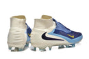 Chuteira Nike Phantom 6 Elite DF FG - Branca e Azul - Pack Fear Nothing com design moderno e tecnologia avançada.