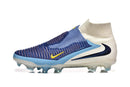 Chuteira Nike Phantom 6 Elite DF FG - Branca e Azul - Pack Fear Nothing com design inovador e ajuste confortável.
