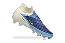 Chuteira Nike Phantom 6 Elite DF FG - Branca e Azul - Pack Fear Nothing em destaque com design moderno.