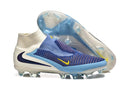 Chuteira Nike Phantom 6 Elite DF FG - Branca e Azul - Pack Fear Nothing em destaque com design moderno.
