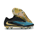 Chuteira Nike Phantom 6 Elite FG - Azul e Preta com detalhes dourados e sola transparente.