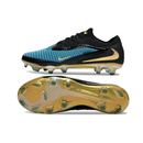 Chuteira Nike Phantom 6 Elite FG - Azul e Preta com detalhes em dourado e sola injetada premium.