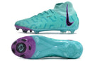 Chuteira Nike Phantom Luna Elite FG Verde e Roxo vista lateral e inferior, mostrada em detalhes.