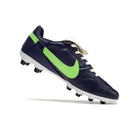 Chuteira Nike Premier 3 FG Azul e Verde vista lateral com detalhes em verde neon