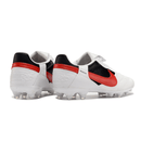 Chuteira Nike Premier 3 FG Branca e Vermelha vistas traseiras com detalhes em preto e vermelho.