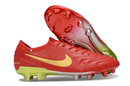 Chuteira Nike Tiempo Legend X Elite FG Vermelha com design vibrante em vermelho e amarelo, ideal para jogadores de futebol.