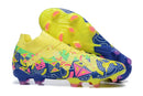 Chuteira Puma Future Ultimate FG Amarela e Azul com design vibrante, ideal para jogos em campo.